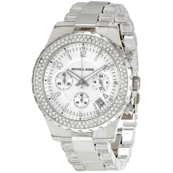 Michael Kors Silver Crystal-Trim Stainless Steel Bracelet Watch Michael Kors Camille Womens Pave Crystals Glitz Watch, White  main image 4
